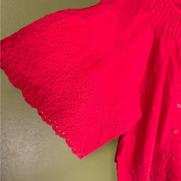 J. Crew Red Eyelet Button-Up Top size Large - Picture 3 of 4